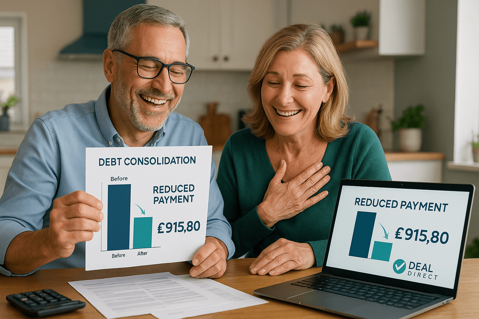 A professional middle-aged couple smiling with relief while reviewing debt consolidation documents at home, showing reduced monthly payments and Deal Direct branding on a laptop screen.
