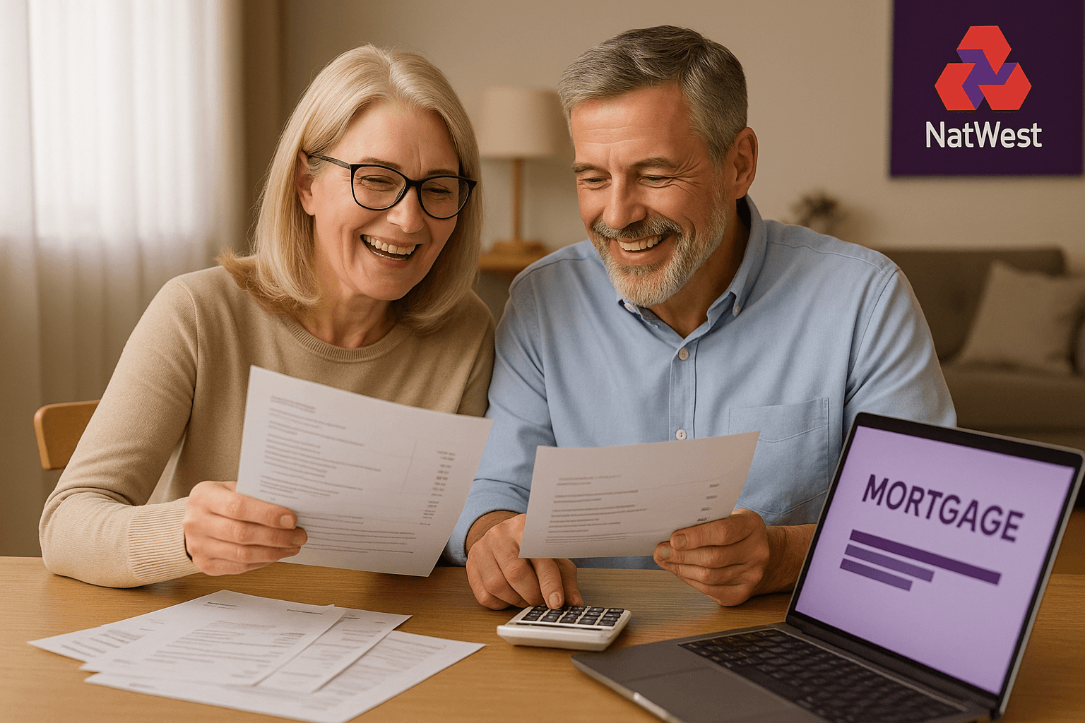 Smiling middle-aged couple reviewing financial documents at home with laptop showing mortgage details, NatWest branding visible, symbolizing successful debt consolidation with Deal Direct Financial