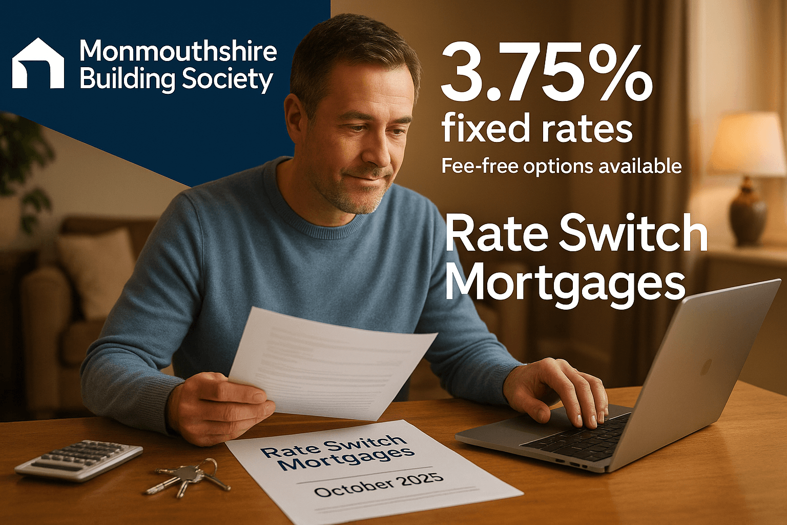 A middle-aged homeowner reviews mortgage documents at home with Monmouthshire Building Society branding, promoting Rate Switch Mortgages with 3.75% fixed rates, fee-free options, and October 2025 launch details.