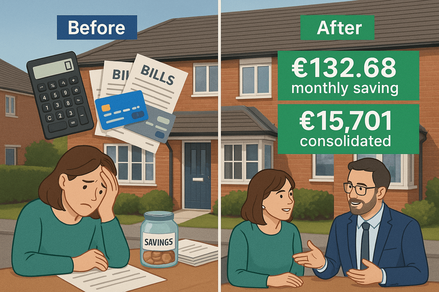 Split-screen comparison showing a UK homeowner before and after mortgage consolidation, illustrating financial stress versus relief, with statistics of £132.68 monthly saving and £15,701 consolidated