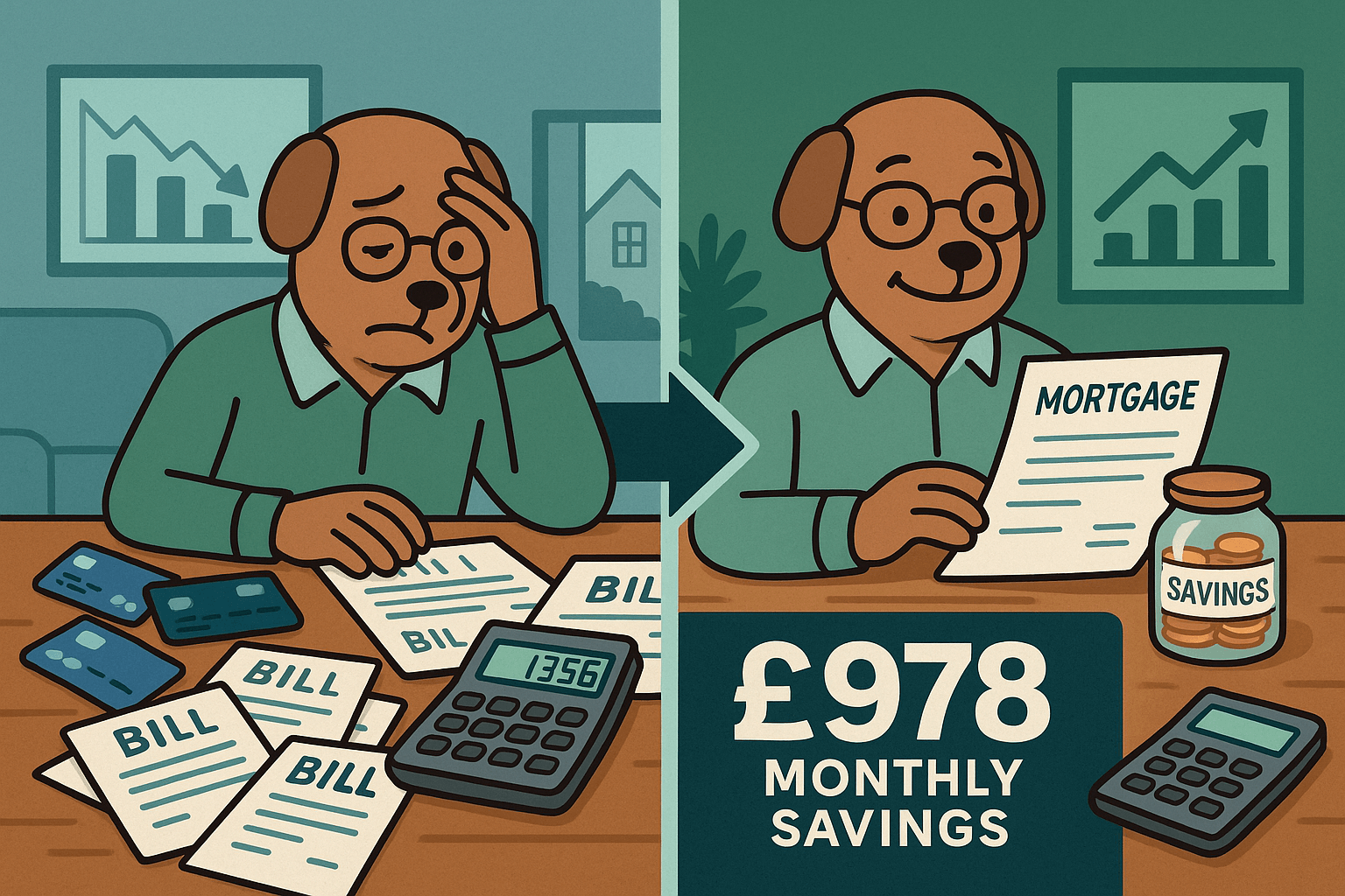 Cartoon split-screen illustration showing a middle-aged man moving from financial stress with scattered bills, credit cards, and £1,356 payments to financial relief holding a mortgage document, savings jar, and lower calculator balance. Text overlay highlights £978 monthly savings and debt reduction charts.