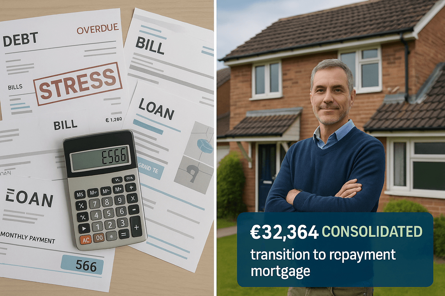 Split-screen image showing financial stress relief through mortgage consolidation — left side with overdue bills and £566 monthly payment, right side showing a confident UK homeowner in front of his improved home with text highlighting £32,364 consolidated and transition to repayment mortgage.