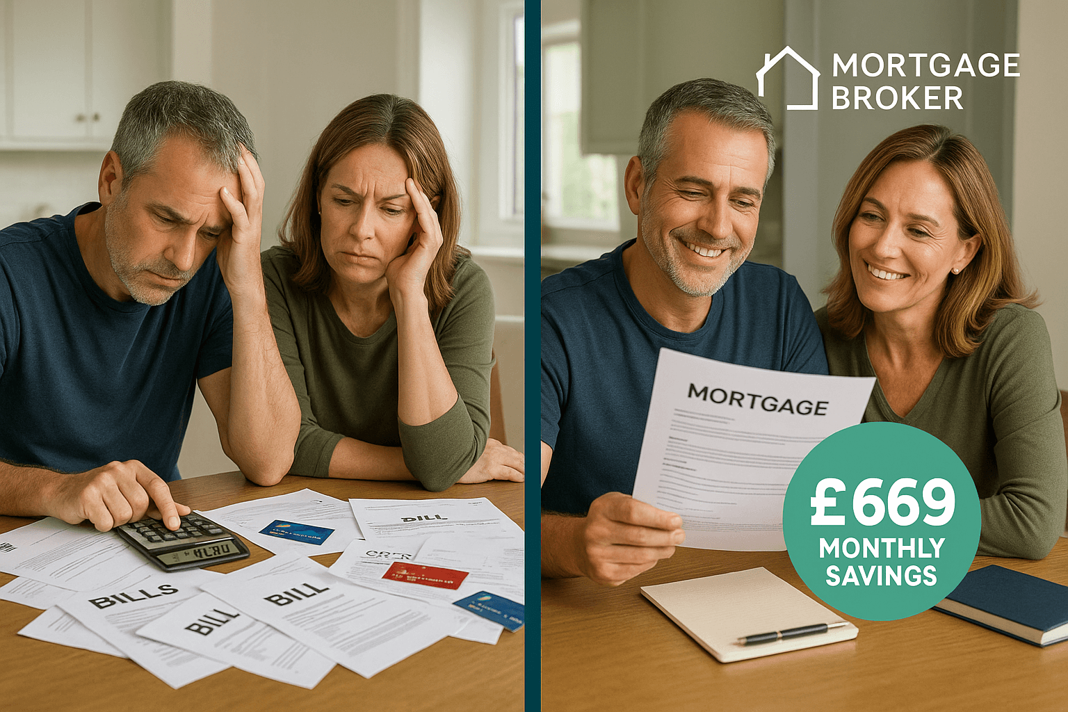 Split-screen image showing a stressed couple surrounded by bills on the left and the same couple relieved with an organised mortgage document on the right, highlighting £669 monthly savings from debt consolidation.
