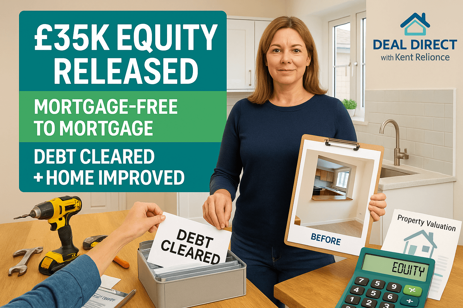 Confident woman in newly renovated family home with Deal Direct and Kent Reliance branding, showing £35K equity released used to clear debt and fund home improvements.