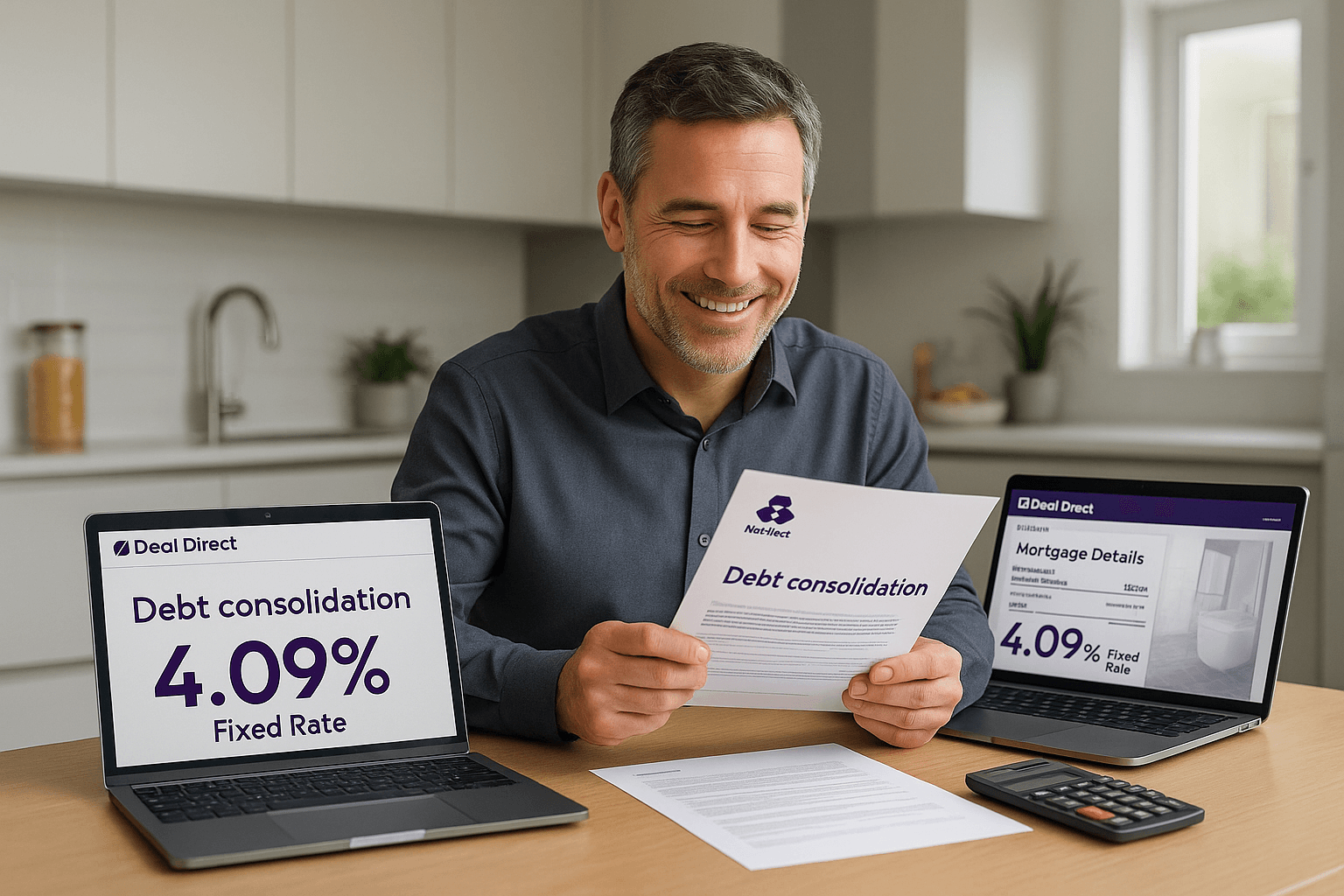 Middle-aged homeowner reviewing NatWest debt consolidation paperwork at home with relief, showing 4.09% fixed rate mortgage offer from Deal Direct