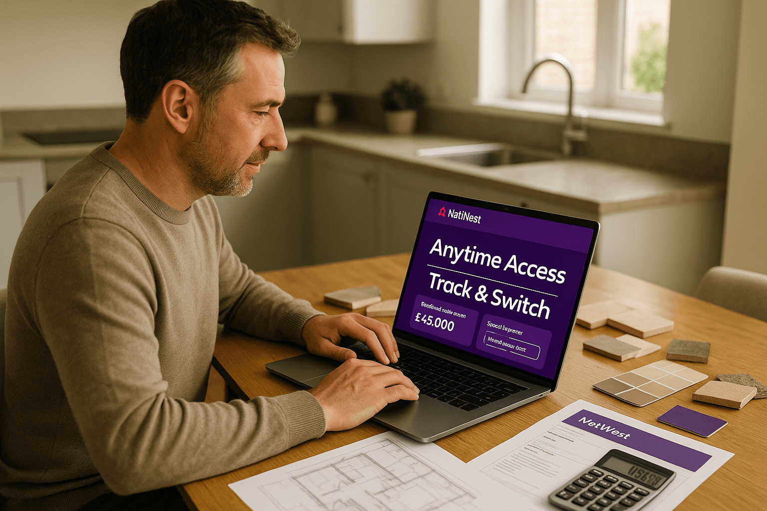 Homeowner using NatWest digital mortgage portal on laptop to access additional borrowing for home improvements, with renovation plans and calculator on table.