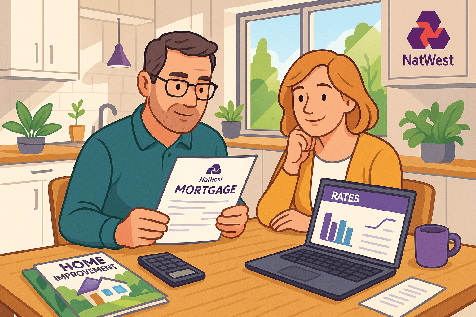 Cartoon illustration of a middle-aged couple reviewing NatWest mortgage documents at a kitchen table in a modern, energy-efficient home with laptop, calculator, charts, and eco-friendly touches
