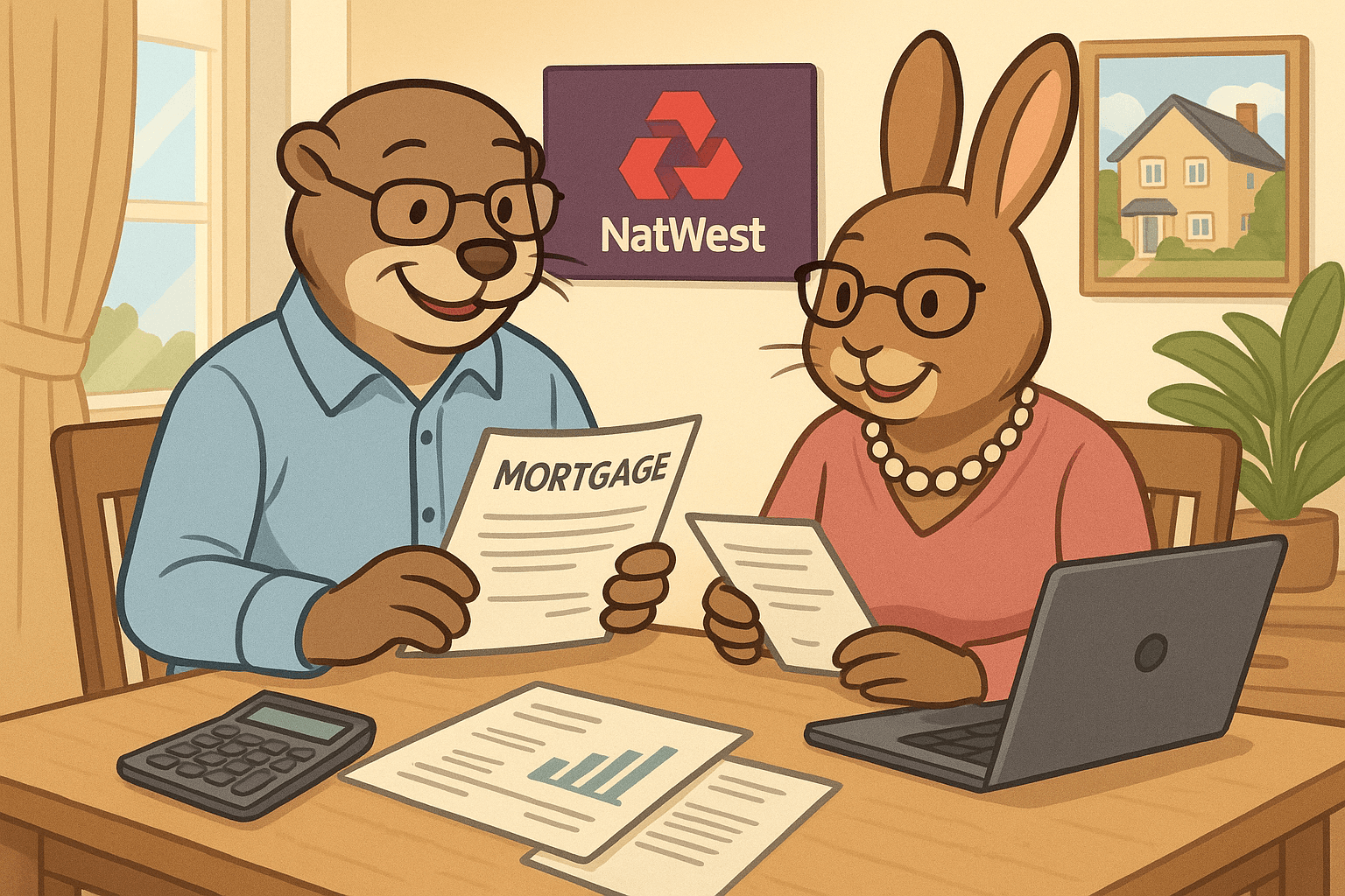 Cartoon illustration of a mature couple in their 60s, depicted as friendly animals, reviewing mortgage documents with calculator, laptop, and financial charts on a dining table in a bright modern home. NatWest branding and property imagery visible in background, symbolising second home ownership and financial planning.