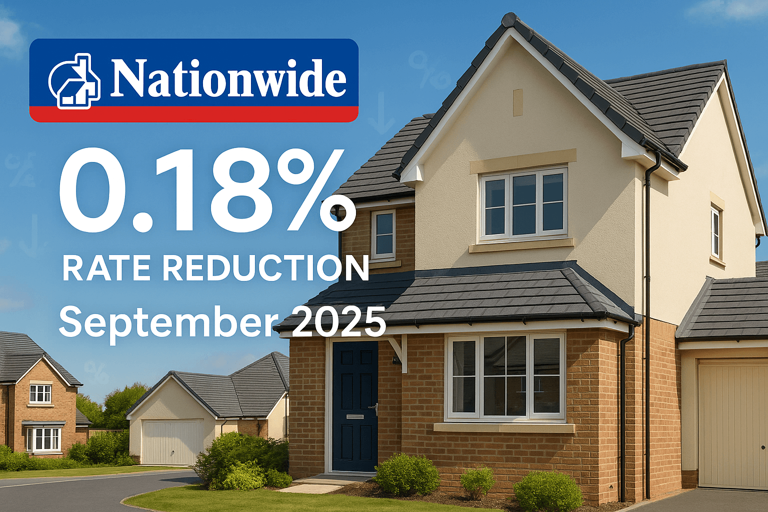 Nationwide Building Society promotional image of modern UK family home with logo and bold text announcing 0.18% fixed-rate mortgage reduction effective September 2025