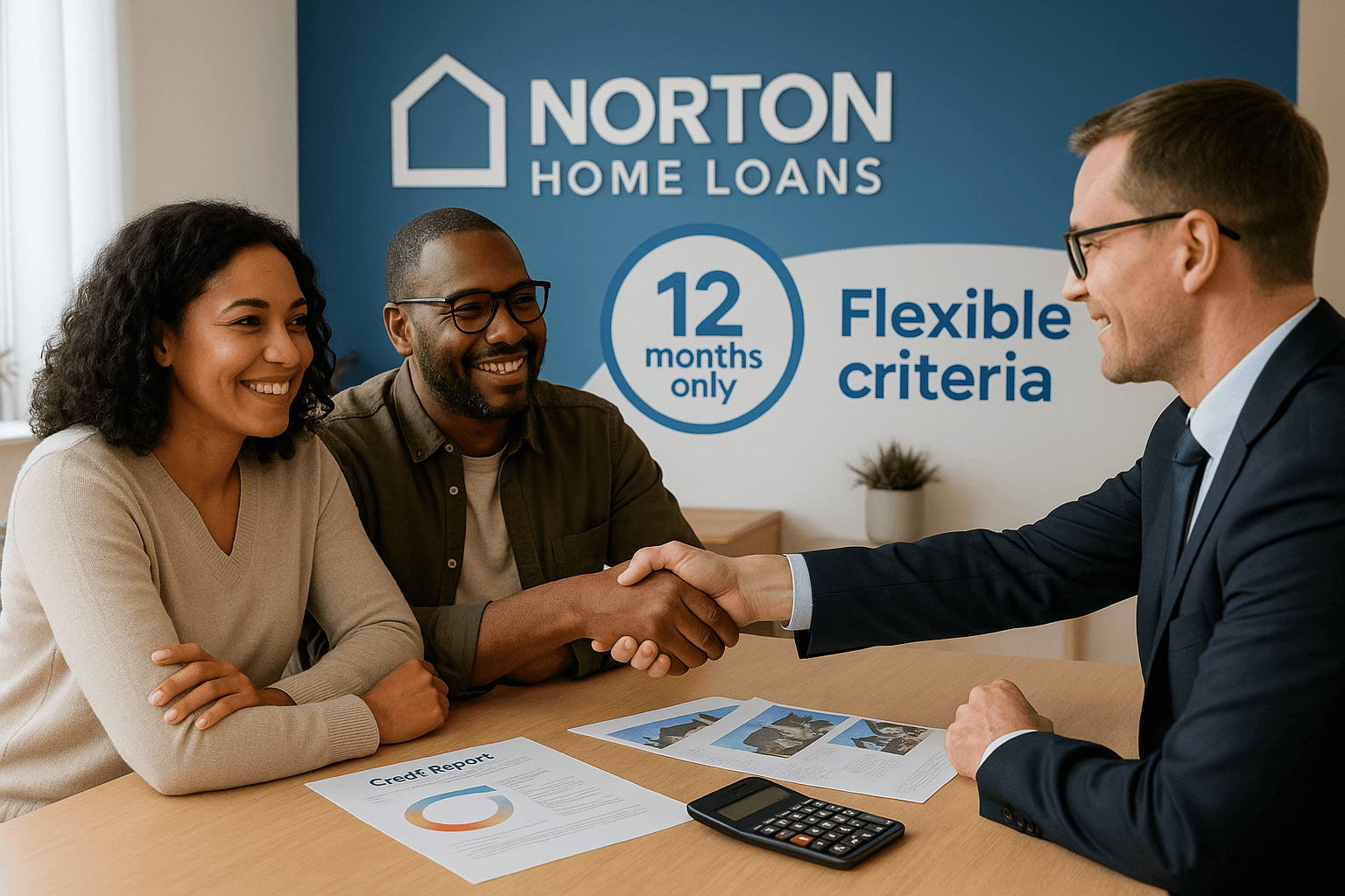 Diverse couple meeting with a Norton Home Loans adviser in a modern office, discussing adverse credit mortgage options with ‘12 months only’ and ‘Flexible criteria’ messaging displayed.