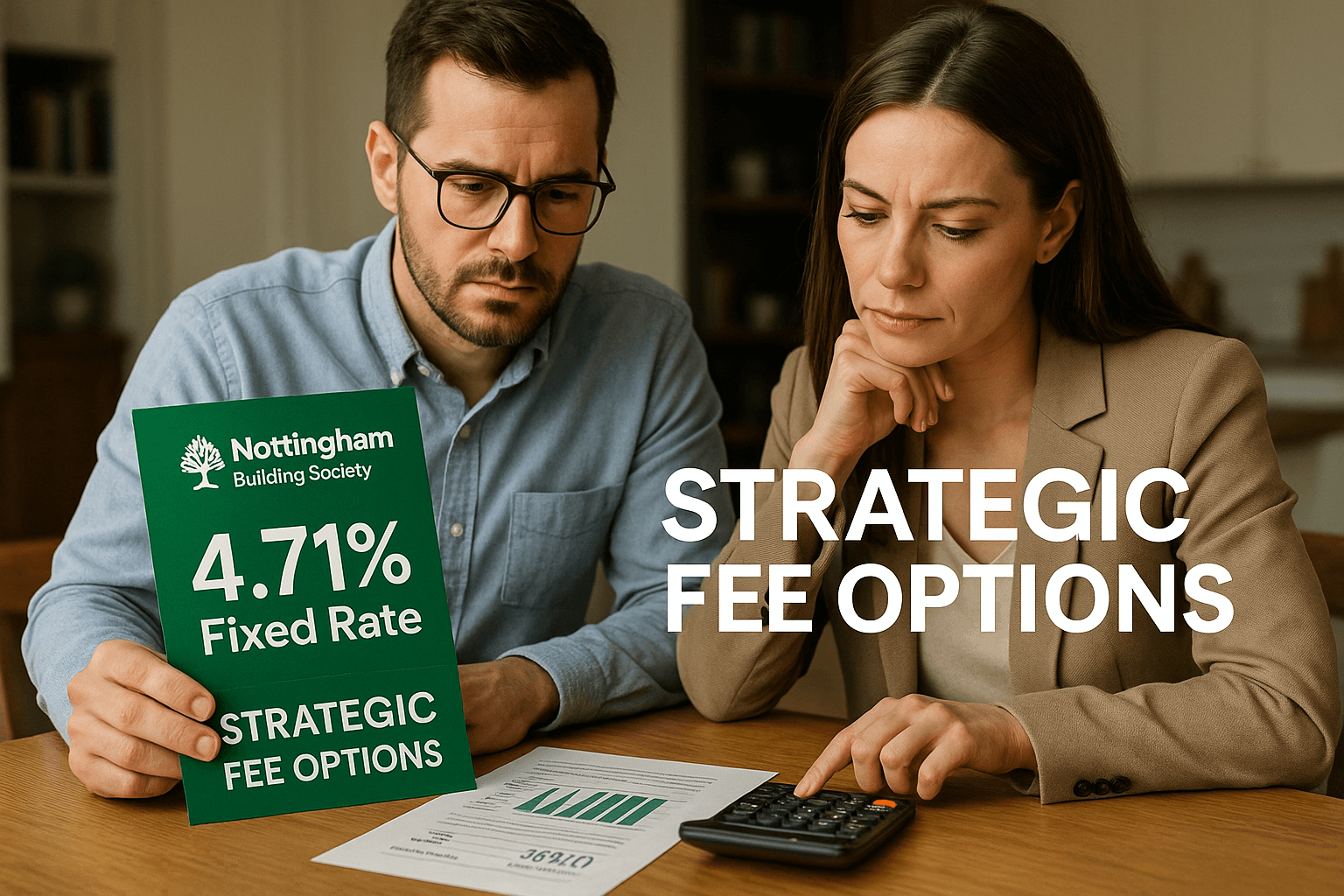 Thoughtful couple reviewing Nottingham Building Society mortgage materials, analyzing 4.71% fixed rate and strategic fee options with a calculator at their home table.