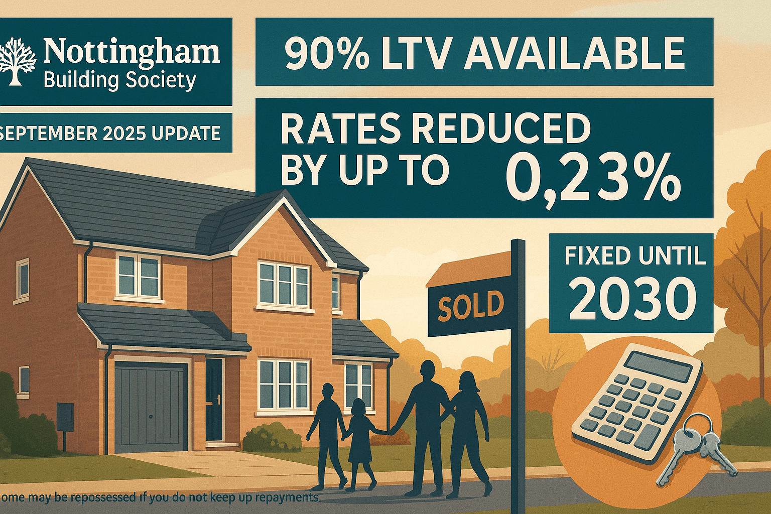 Illustration of a modern UK family home with Nottingham Building Society branding promoting September 2025 mortgage update, showing 90% LTV availability, reduced rates, fixed until 2030, and a family outside a sold house with calculator and keys imagery
