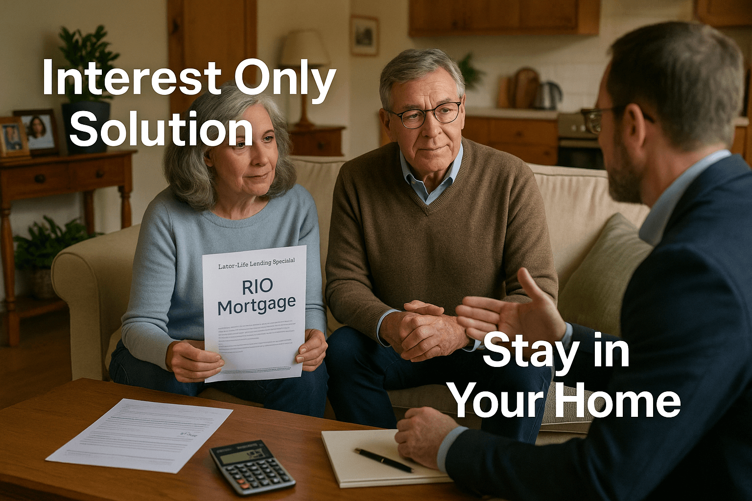 Elderly couple in their 70s discussing Retirement Interest-Only mortgage paperwork with financial advisor at home