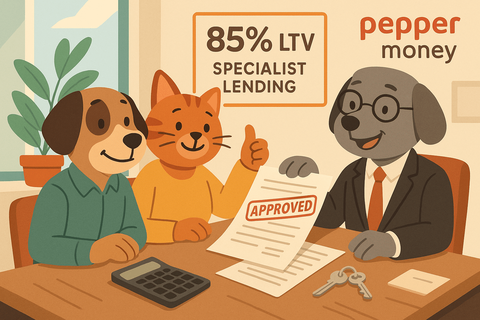 Cartoon of a friendly animal couple meeting a mortgage advisor in a modern office, holding an approved mortgage document with Pepper Money branding, 85% LTV and specialist lending message