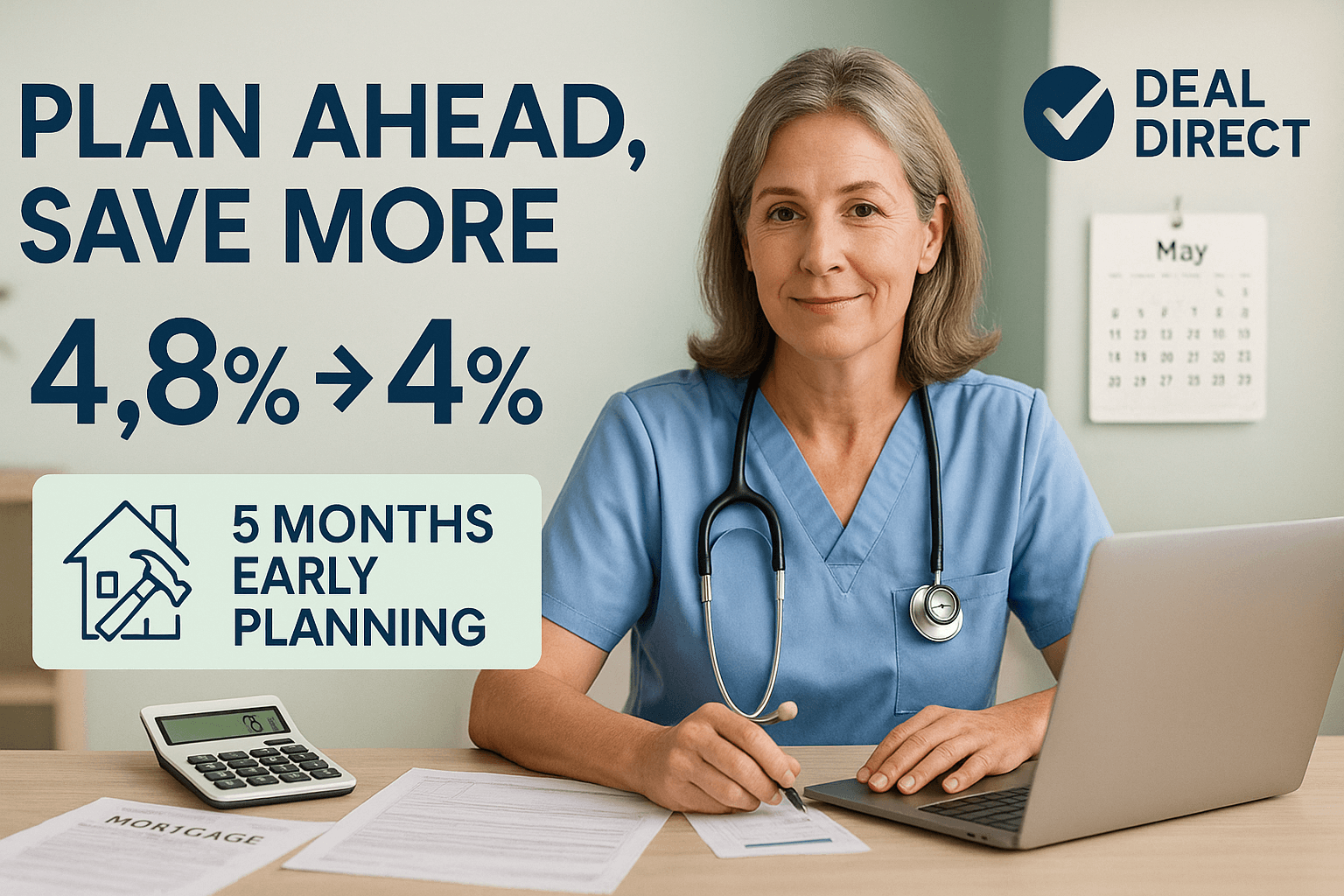 Confident healthcare professional in blue scrubs reviewing mortgage documents at home with laptop, calculator, and calendar, promoting Deal Direct’s early remortgage planning with message ‘Plan Ahead, Save More’ and rate reduction from 4.8% to 4%.