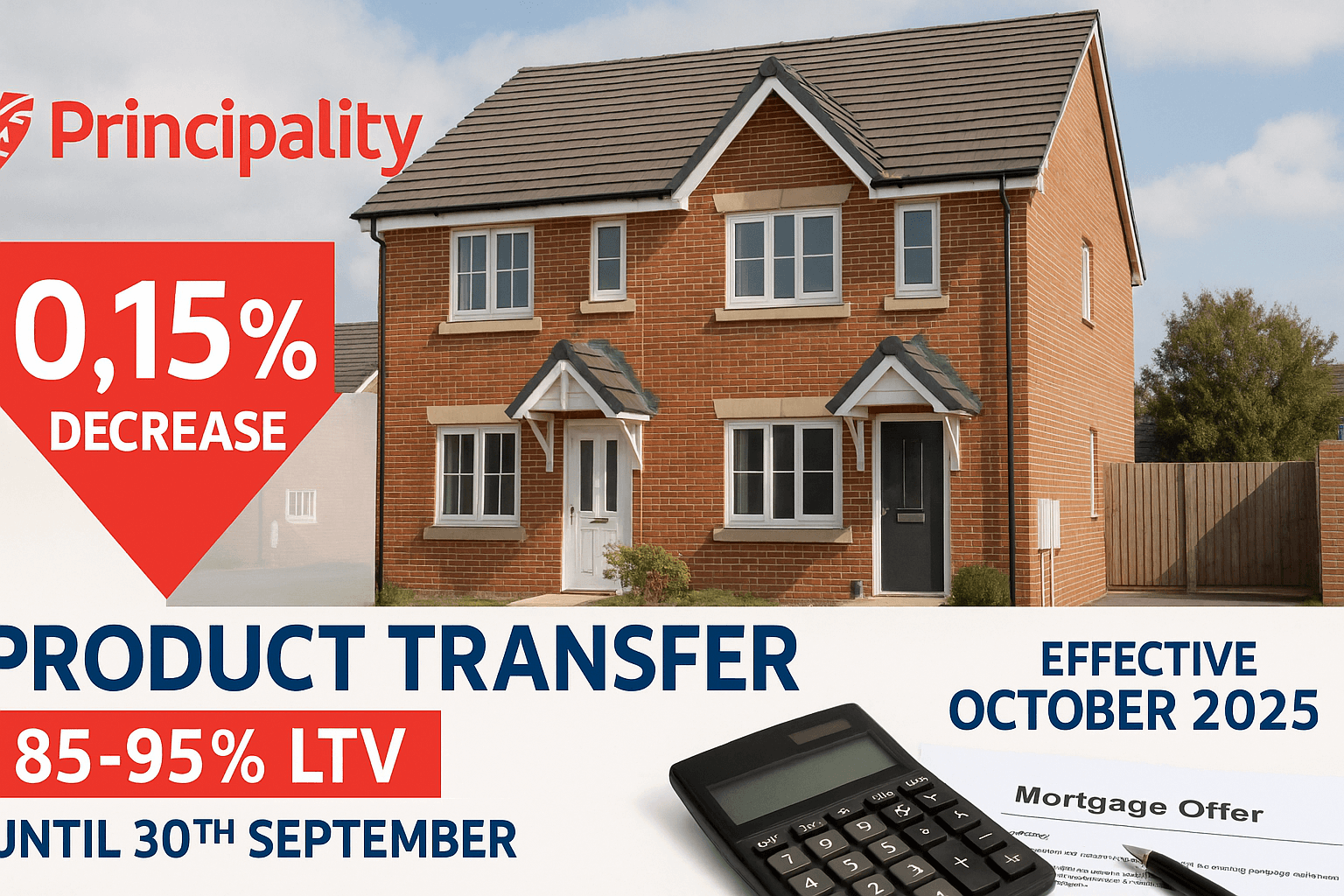 Digital graphic showing Principality Building Society announcing a 0.15% rate reduction on product transfers with 85-95% LTV, effective October 2025, revised rates from September 30th