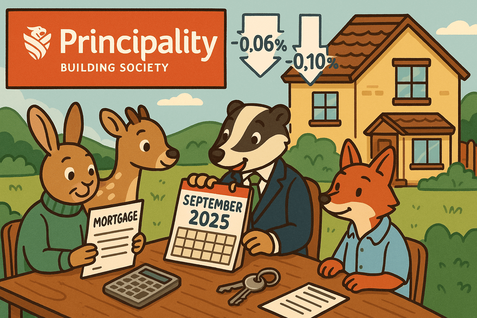 Cartoon-style illustration of friendly animals discussing Principality Building Society mortgage rate reductions in September 2025, with house, documents, keys, and calculator