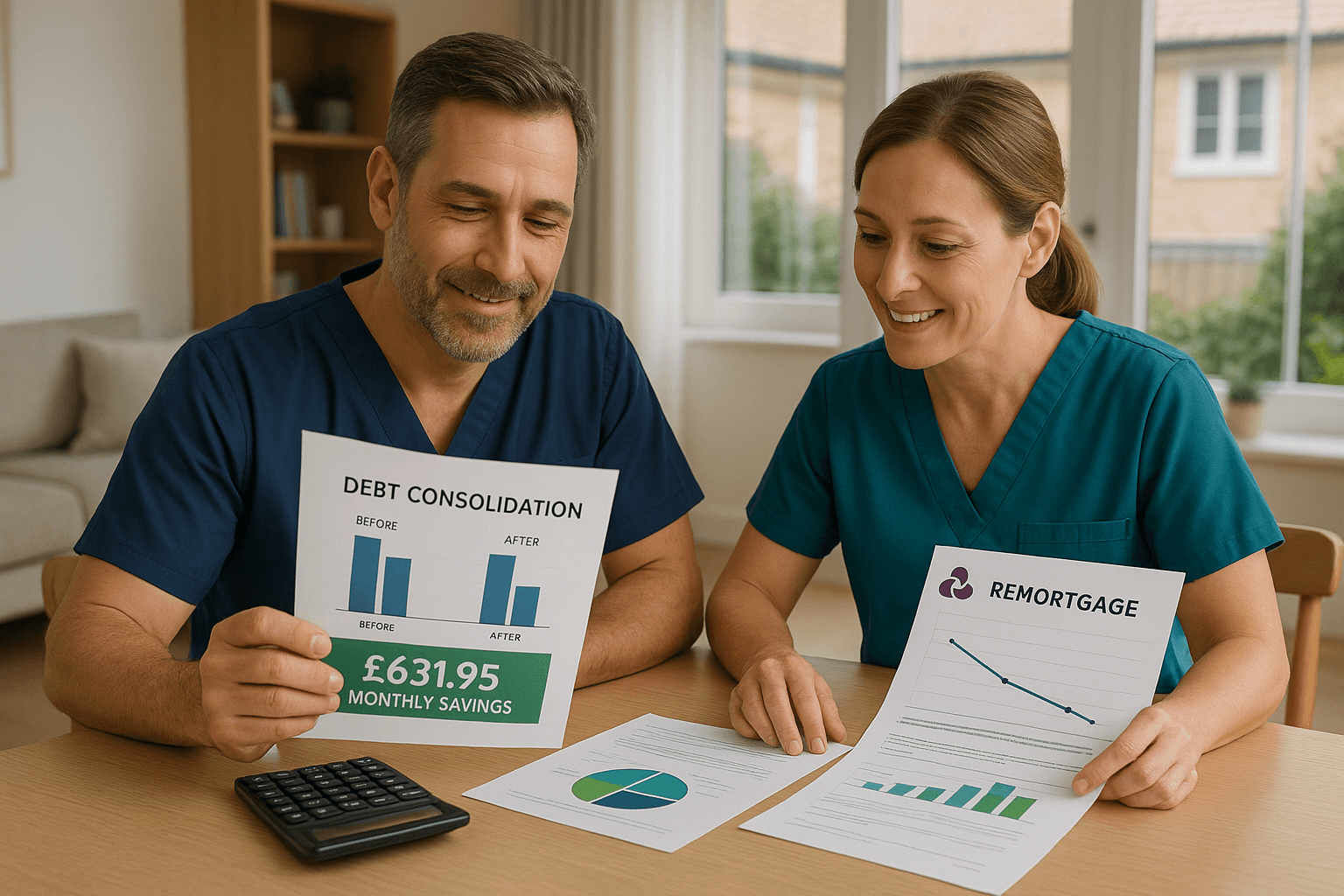 Mid-40s healthcare couple reviewing financial documents at home showing £631.95 monthly savings from a successful debt consolidation remortgage, with charts and calculator on the desk