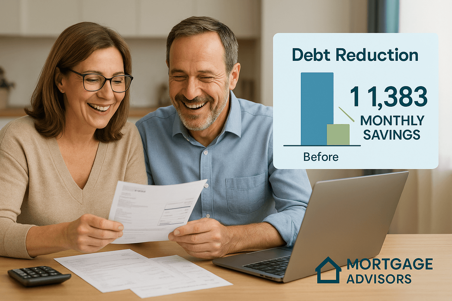 Professional couple in their 40s smiling with relief while reviewing financial documents at home, laptop showing debt reduction chart and £1,383 monthly savings, representing successful debt consolidation with Mortgage Advisors.