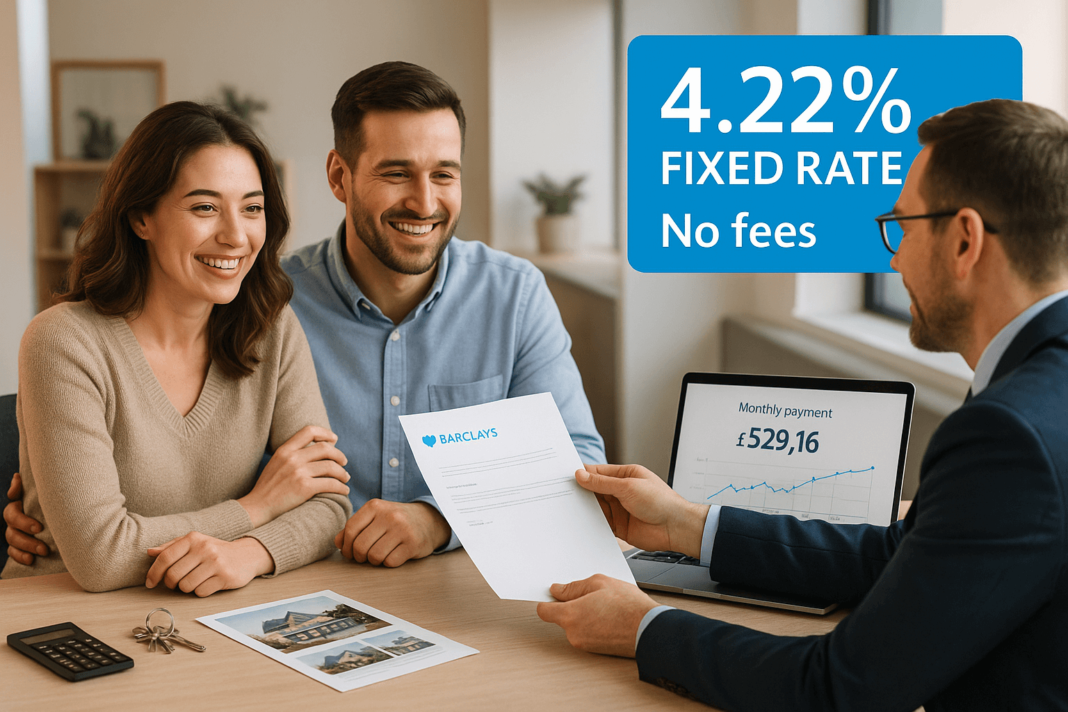 A smiling young couple sits with a Barclays mortgage advisor in a modern office, reviewing mortgage documents showing a 4.22% fixed rate and no fees, with a laptop displaying payment details and house keys on the table.