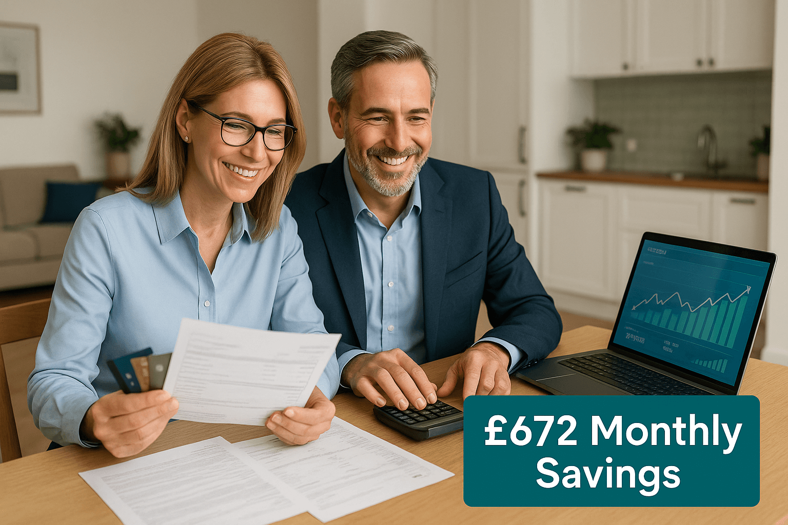 Smiling professional couple in their 40s reviewing financial documents at home with a laptop and calculator, feeling relieved and confident after consolidating debt, text overlay showing £672 monthly savings
