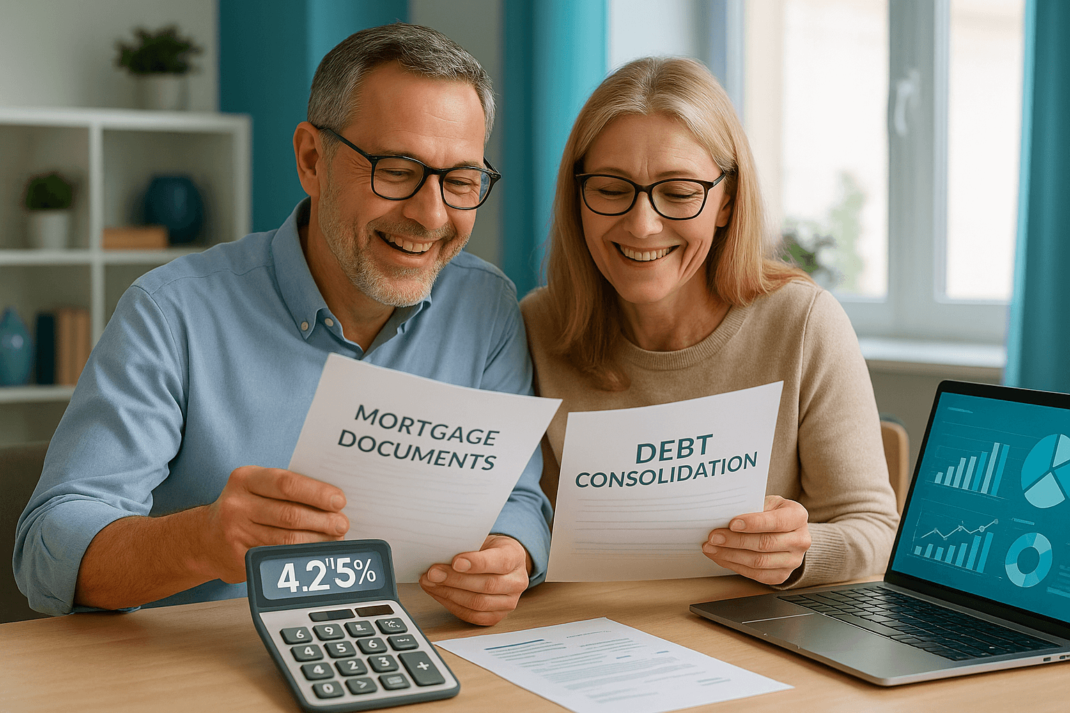 Smiling middle-aged couple reviewing mortgage and debt consolidation documents at home with calculator and laptop showing savings, highlighting Barclays 4.25% rate