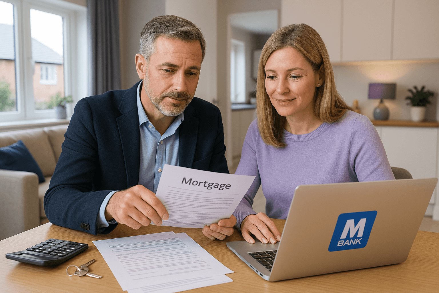 A professional couple in their 40s sitting at a dining table in a modern UK home, reviewing mortgage paperwork with a laptop, calculator, and house keys visible, reflecting Metro Bank remortgage advice.