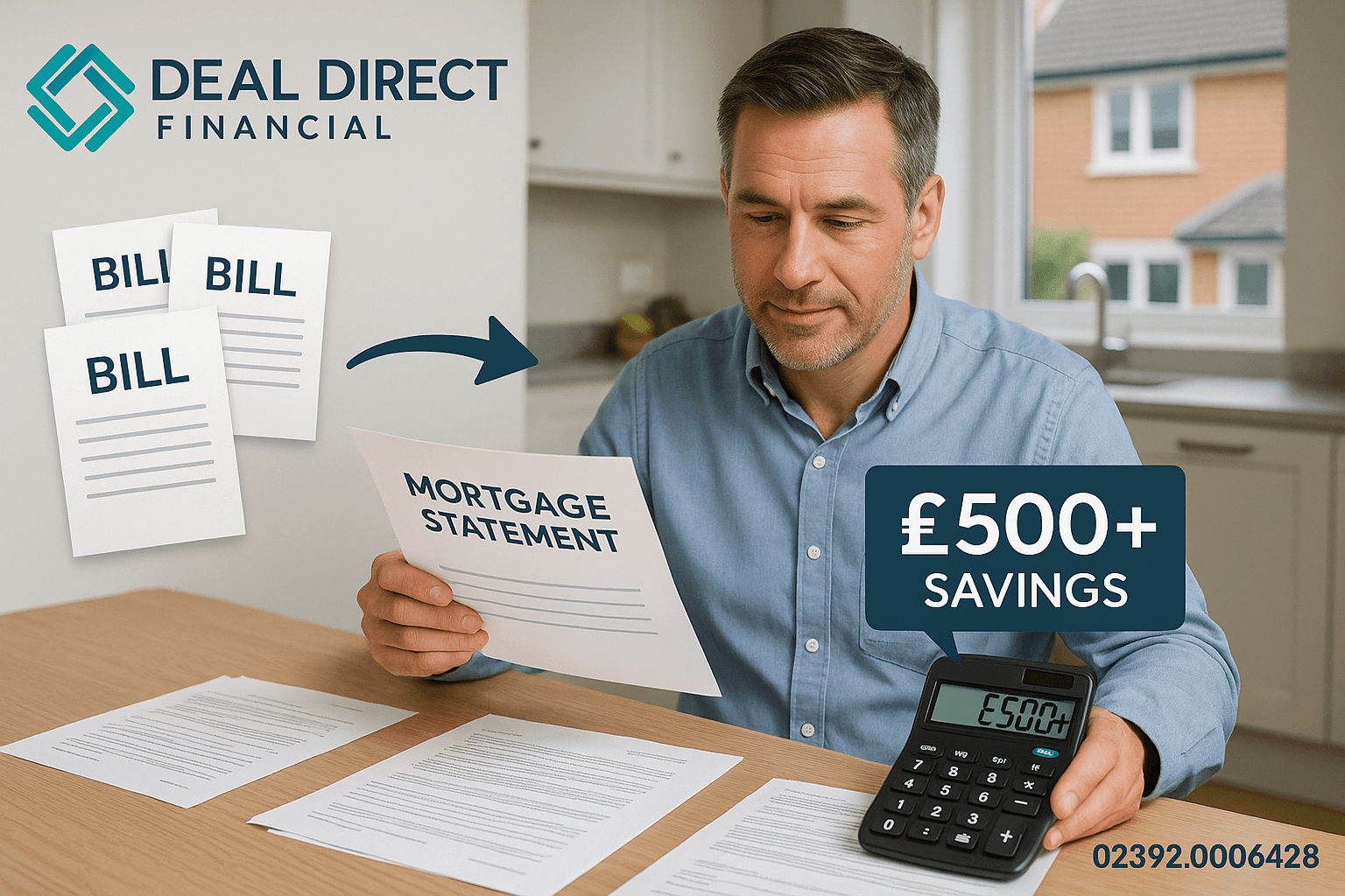 A mid-40s professional reviewing simplified financial documents and a mortgage statement showing over £500 monthly savings after debt consolidation, with Deal Direct Financial branding in a modern home office setting.