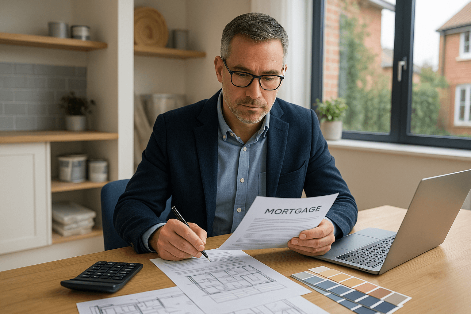 Middle-aged man in smart casual attire reviewing mortgage paperwork with laptop, calculator, and renovation plans in a modern UK home