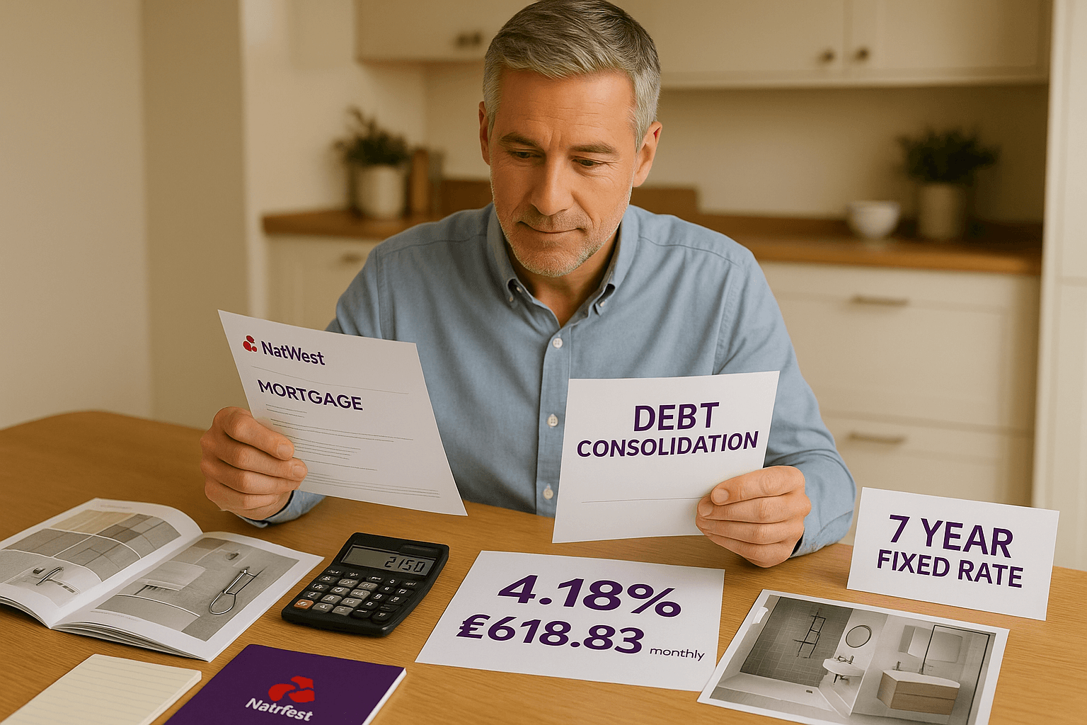 Professional Homeowner Reviewing NatWest Mortgage and Debt Consolidation Plans for Home Improvements | 4.18% Example Rate