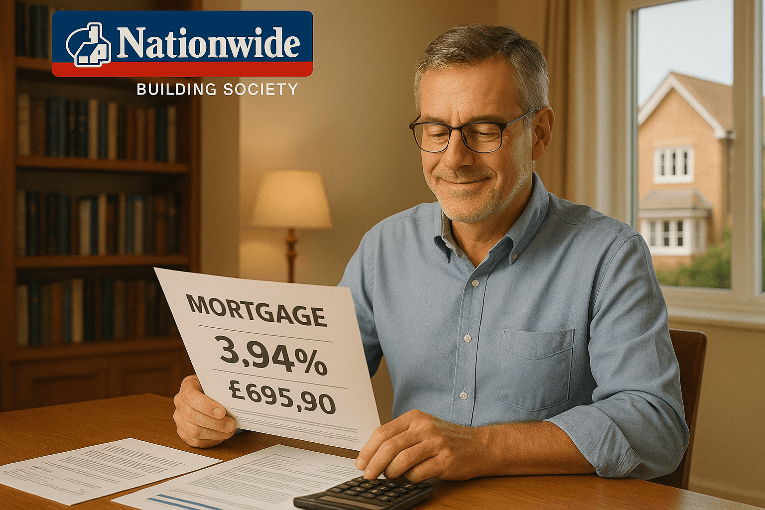 Middle-aged professional man reviewing Nationwide Building Society mortgage documents at home office desk, showing 3.94% interest rate and £695.90 monthly payments, with calculator and Hampshire house in background.