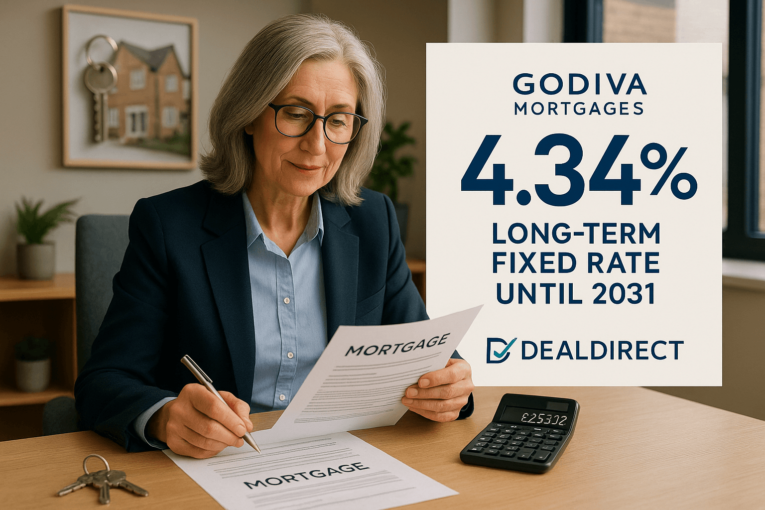 Professional landlord in her 60s reviewing mortgage paperwork at a modern desk with calculator showing £253.12, house keys, and Godiva Mortgages branding highlighting 4.34% long-term fixed rate until 2031 from Deal Direct
