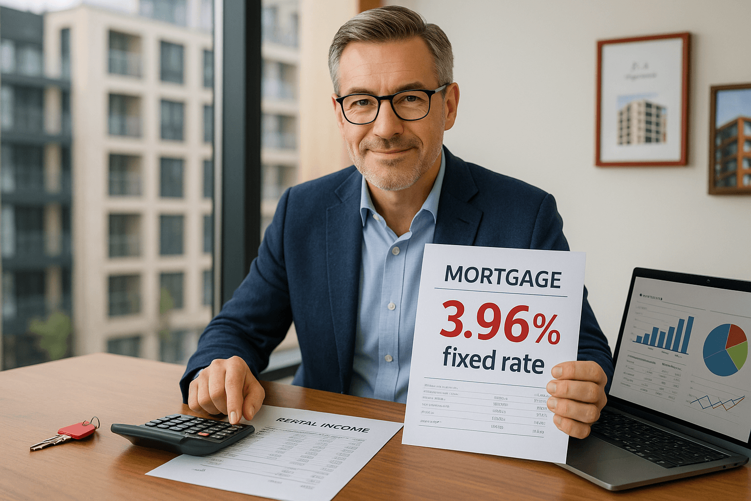 A professional middle-aged landlord in a modern office reviews mortgage paperwork showing a 3.96% fixed rate, with rental income documents, calculator, and laptop charts on desk.