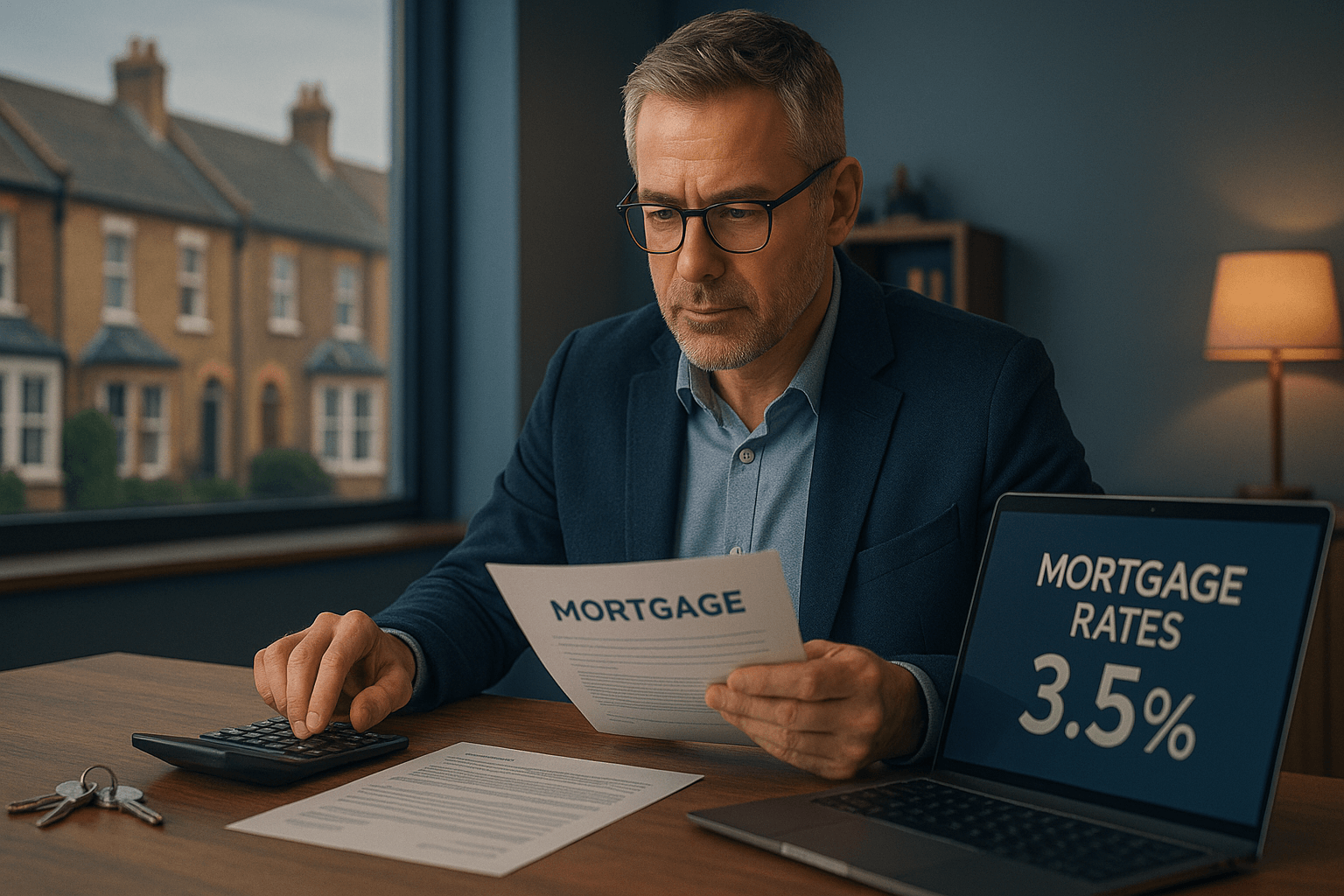 Middle-aged landlord in business attire reviewing mortgage documents at desk with calculator, laptop showing mortgage rates, and UK houses visible in background