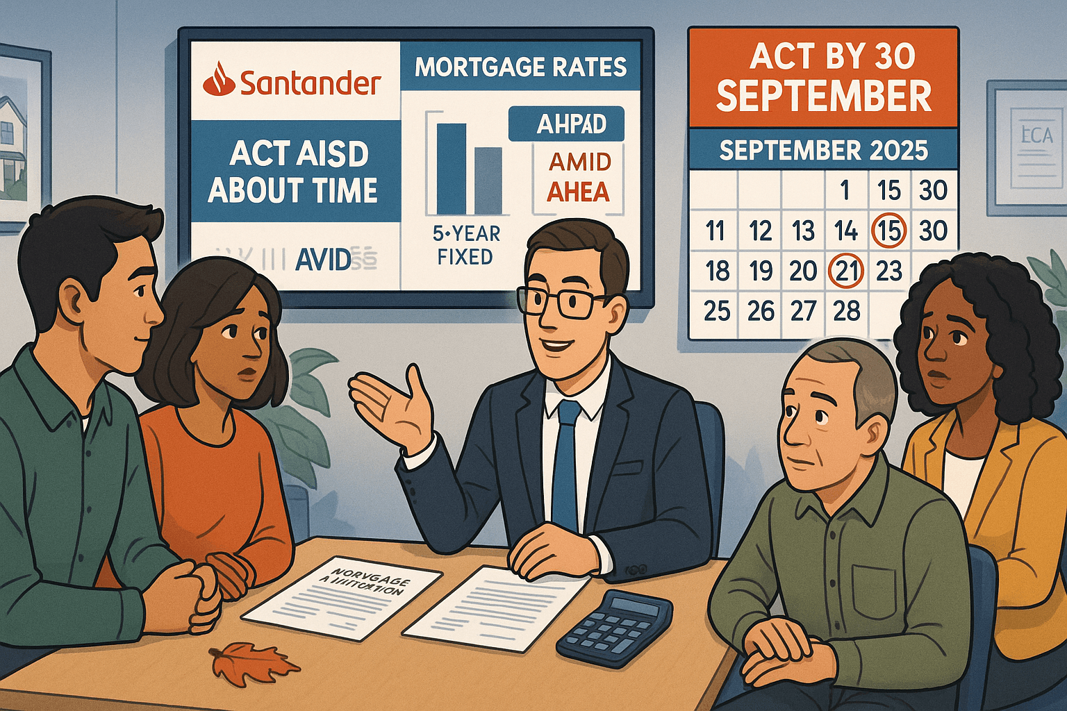 Cartoon illustration of a mortgage adviser in a modern office consulting diverse clients with Santander branding, rate comparison charts, and a September 2025 calendar deadline