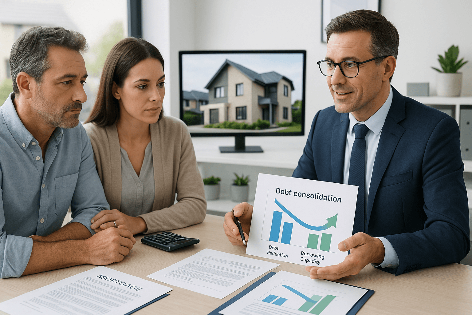 Mortgage advisor consulting with a mid-40s couple about debt consolidation and property investment in a modern office, with charts showing debt reduction and borrowing capacity.