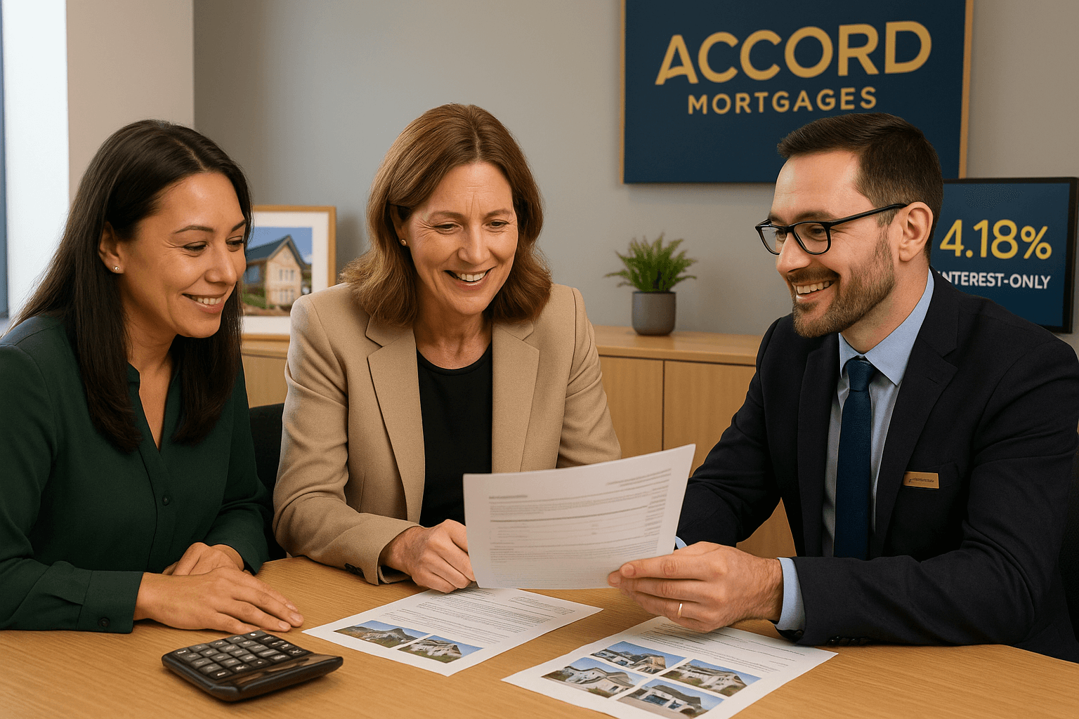 Two professional women reviewing property investment documents with a mortgage advisor in a modern Accord Mortgages office, featuring 4.18% interest-only rate display and warm, consultative atmosphere.