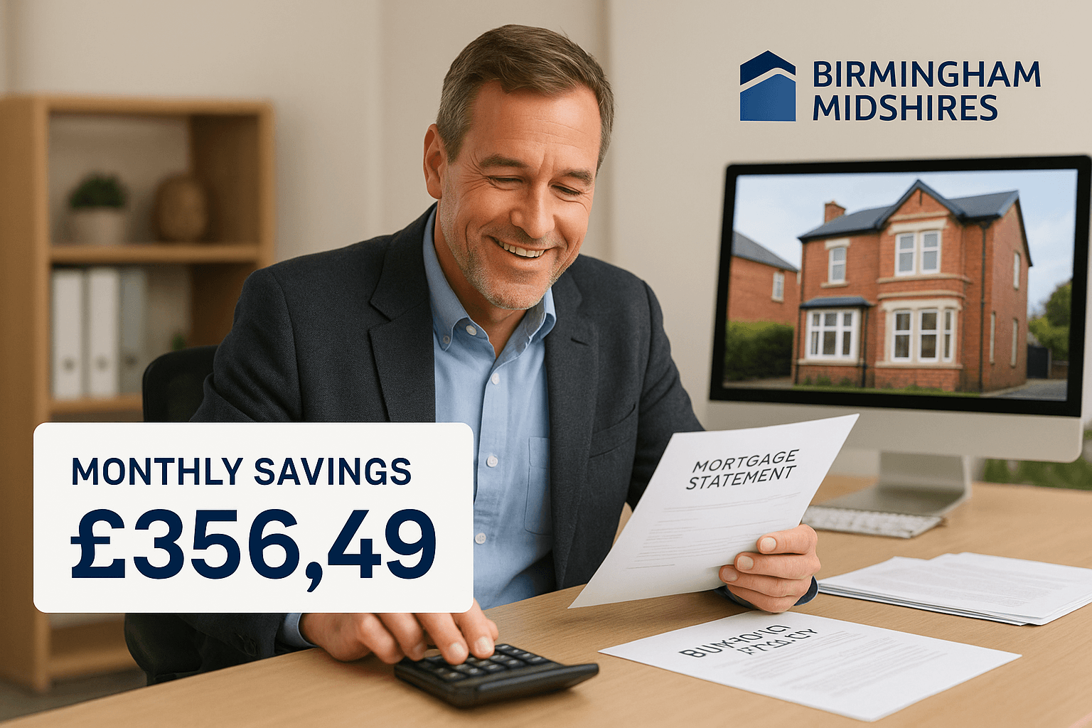 Professional male property investor in a modern office reviews Birmingham Midshires mortgage documents, smiling while calculating £356.49 monthly savings with a buy-to-let property on screen