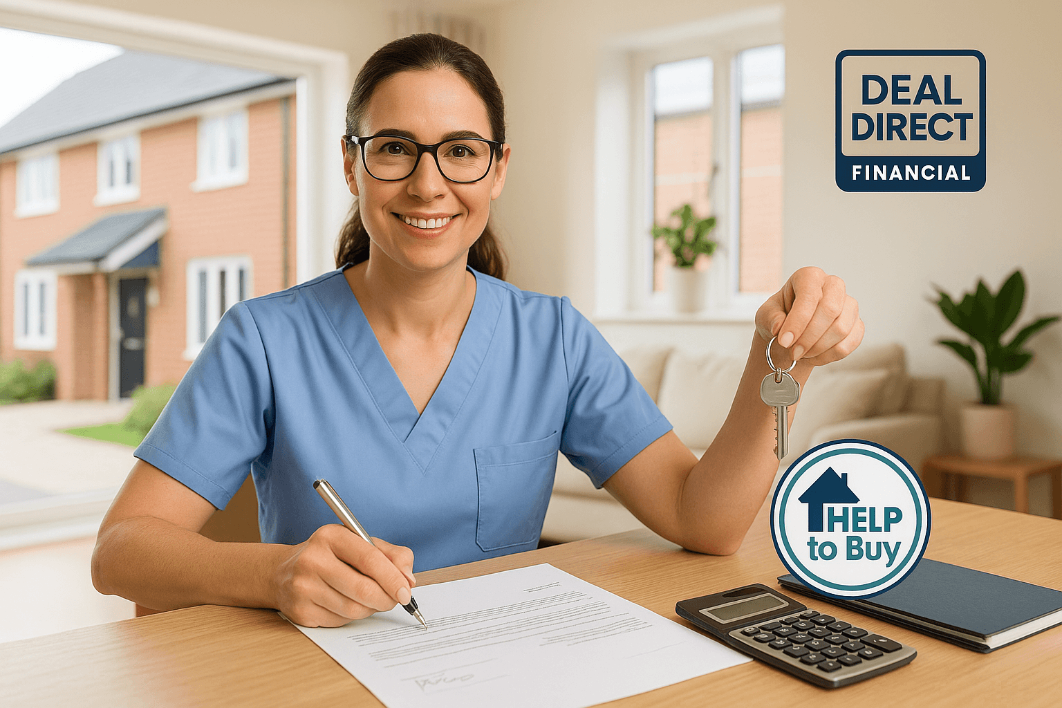 Confident healthcare professional in her 30s signing remortgage documents and holding house keys, symbolizing financial independence and Help to Buy loan repayment with Deal Direct Financial.