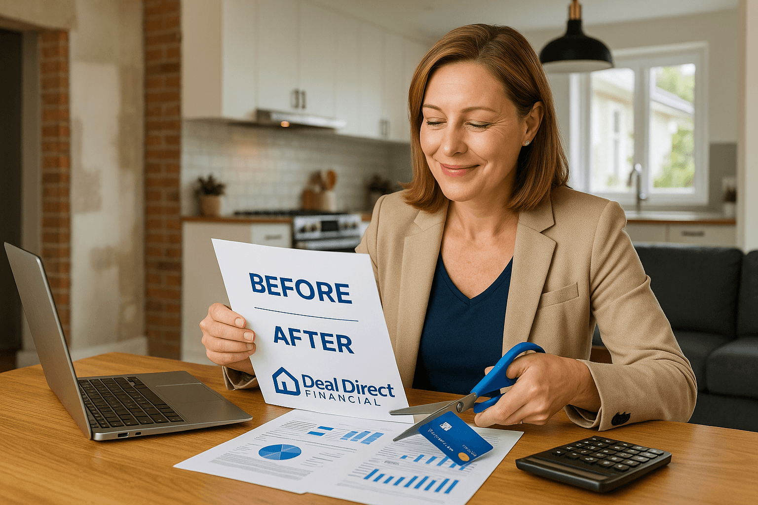 Middle-aged professional woman smiling at kitchen table while reviewing financial documents, cutting up a credit card, with Deal Direct Financial branding, symbolizing successful debt consolidation and home improvement