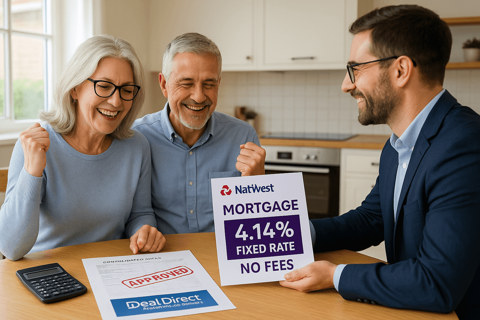 Happy professional couple reviewing approved consolidated debt paperwork with Deal Direct mortgage advisor, highlighting no fees and fixed rate deal