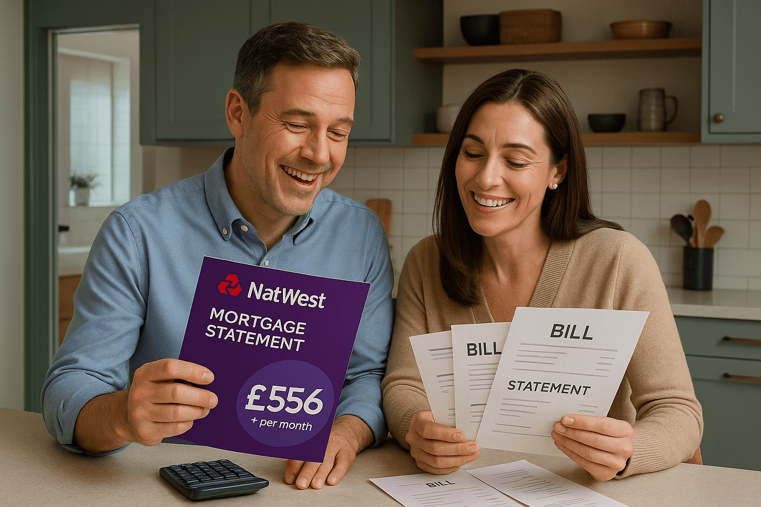 Smiling professional couple reviewing NatWest mortgage statement showing £556 monthly savings after consolidating debts at home kitchen table