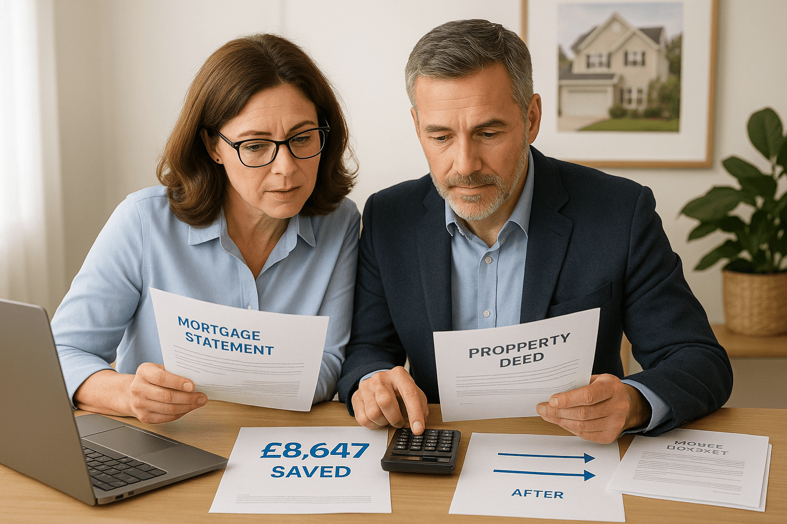 Middle-aged couple sitting at dining table reviewing mortgage and loan documents with £8,647 savings highlighted