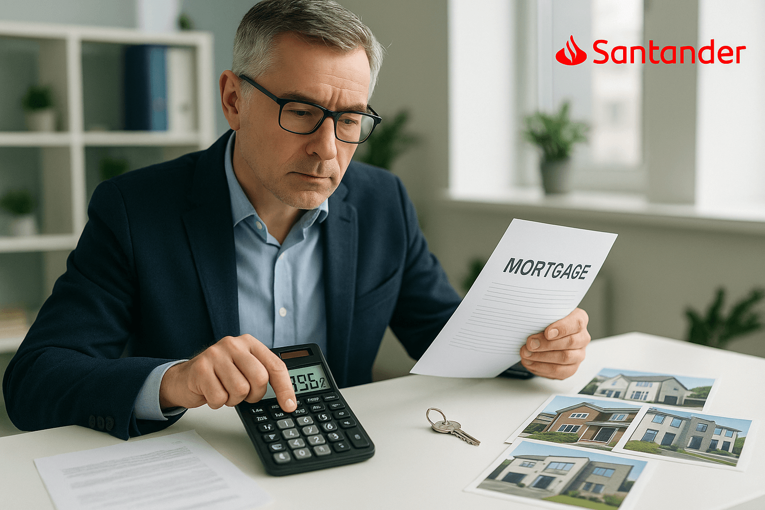 Middle-aged professional landlord in modern office reviewing mortgage paperwork with calculator showing 3.96%, property photos, and Santander branding in corner.