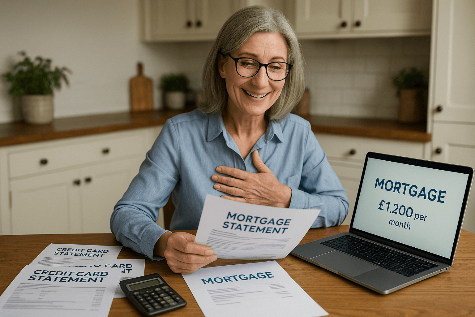 Middle-aged professional woman smiling with relief while reviewing her mortgage statement at a kitchen table, surrounded by credit card bills, calculator, and laptop showing mortgage details, symbolizing successful debt consolidation through remortgaging