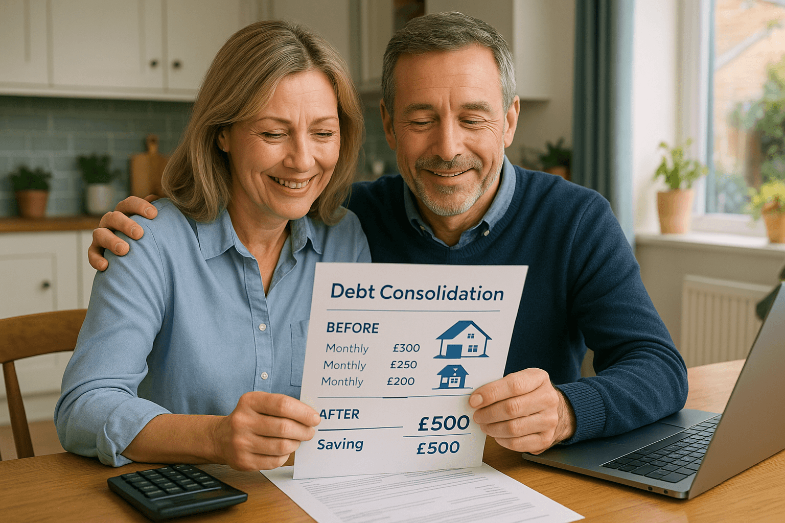 A professional middle-aged UK couple smiling as they review a debt consolidation document showing reduced monthly payments at their kitchen table, symbolizing financial relief and control.