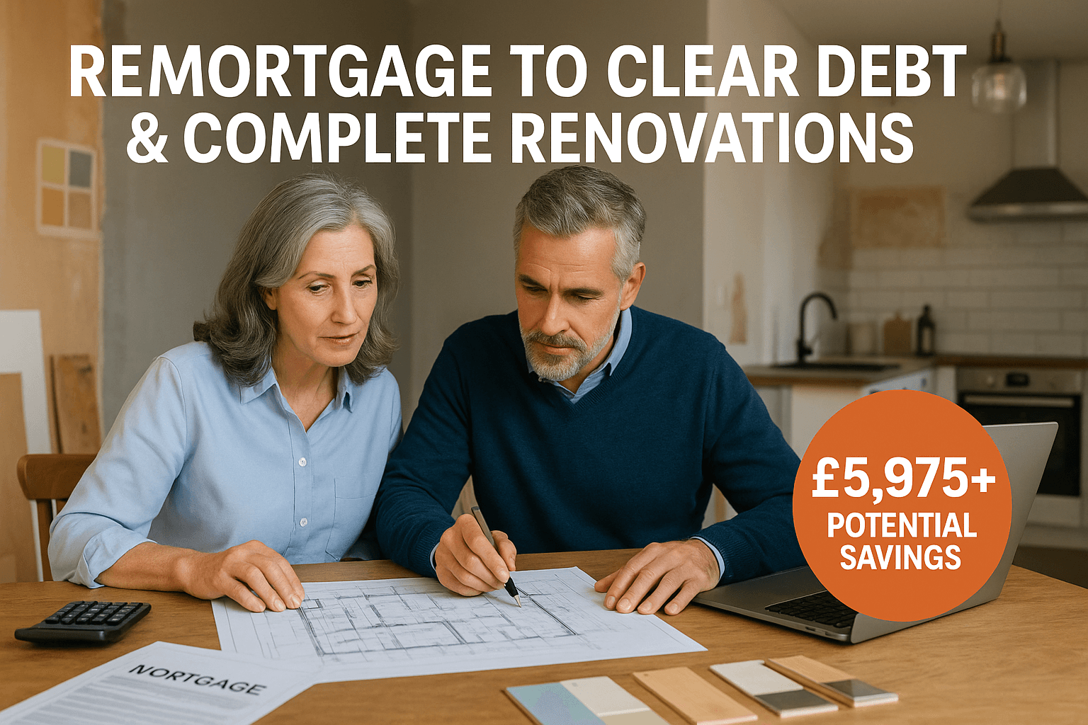 Middle-aged couple reviewing renovation plans and mortgage documents at dining table in a partially renovated home, with laptop, calculator, and savings message “£5,975+ potential savings