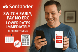 Middle-aged man smiling while using the Santander mobile app to compare mortgage rates, with text highlighting "Switch Early, Pay No ERC" and "Lower Rates Immediately" on a red background with Santander branding.