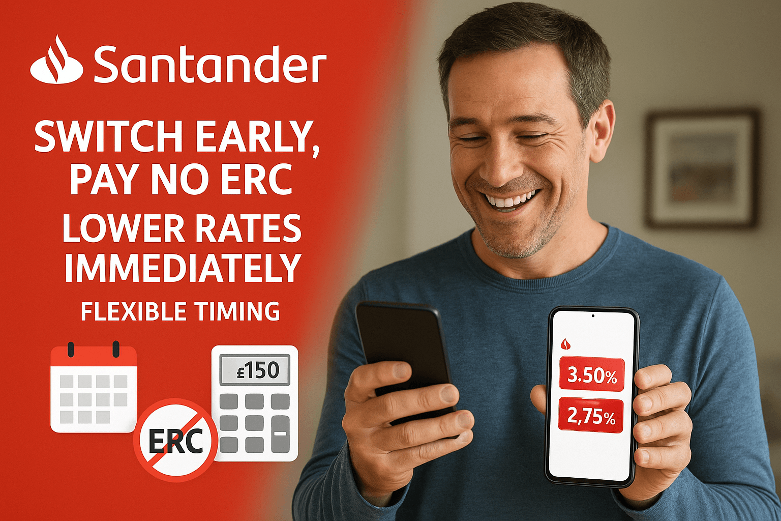 Middle-aged man smiling while using the Santander mobile app to compare mortgage rates, with text highlighting "Switch Early, Pay No ERC" and "Lower Rates Immediately" on a red background with Santander branding.