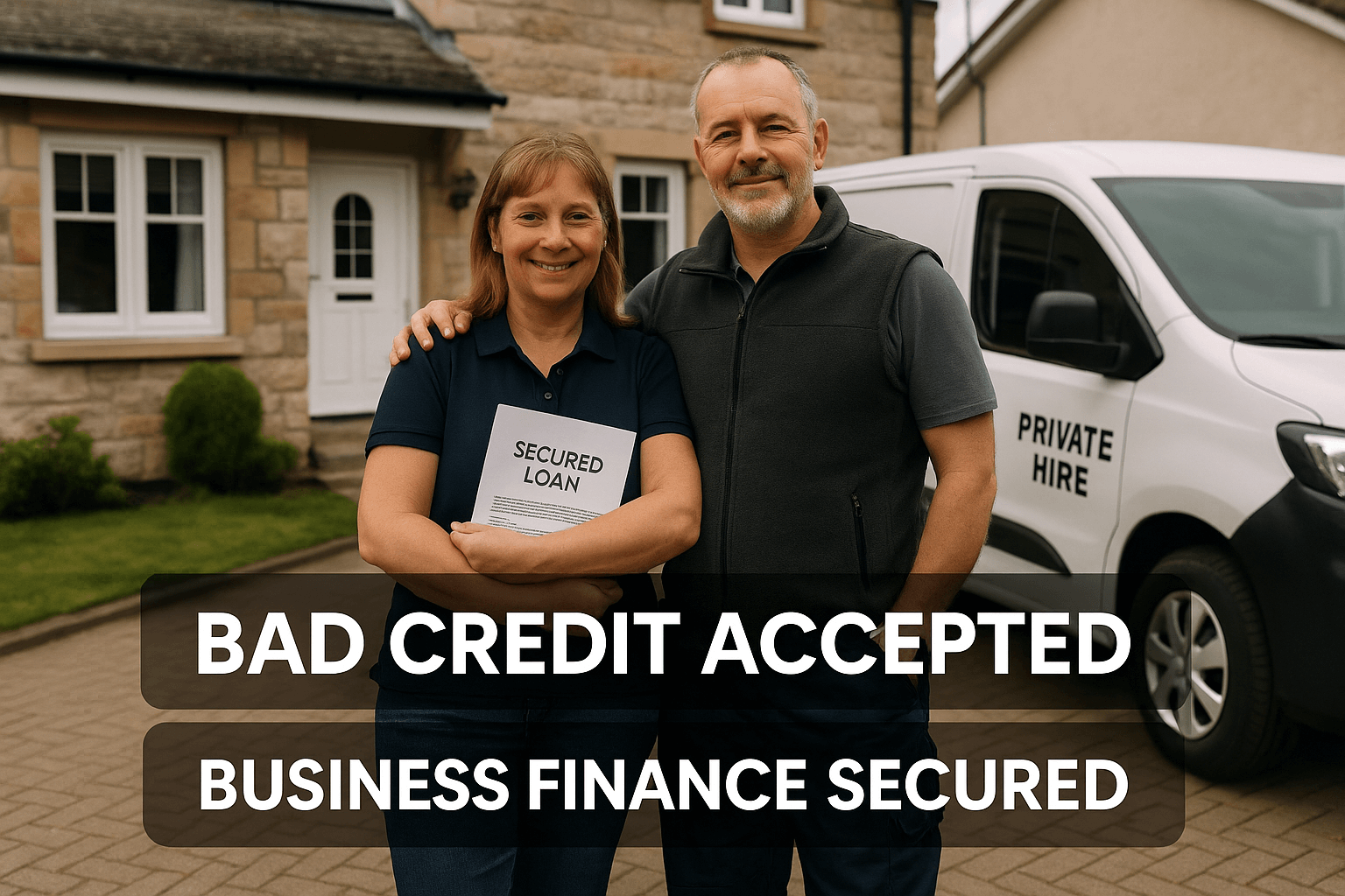 Self-employed couple outside their Scottish family home with private hire business van, holding secured loan paperwork. Messaging: Bad Credit Accepted, Business Finance Secured.